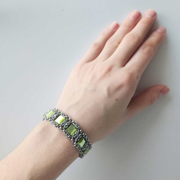 Hand Crafted Jewelry - Vintage timeless green and silver chainmail square bracelet